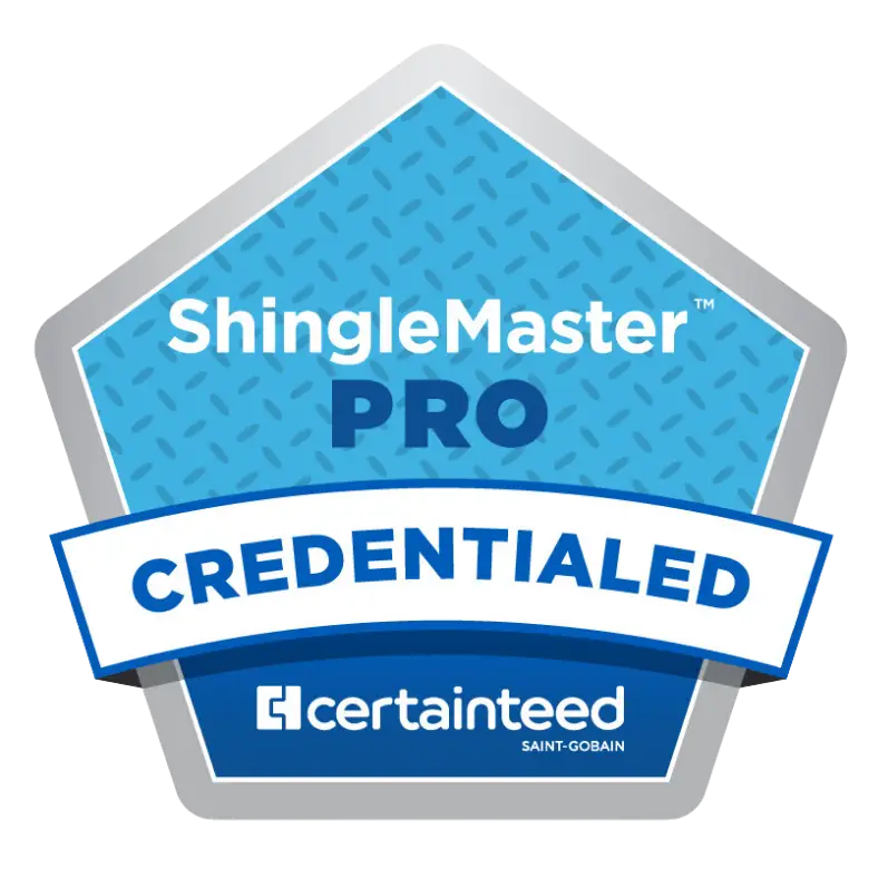 ShingleMaster Pro credential badge from CertainTeed Saint-Gobain on a blue shield shape with a curved 'CREDENTIALLED' banner - My Topp Home