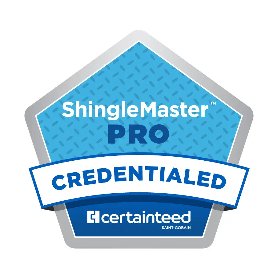 ShingleMaster Pro credentialed electrician badge with a blue shield and white ribbon - My Topp Home